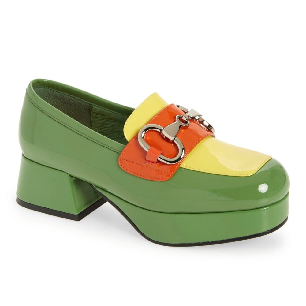 NWOB Jeffrey Campbell Green Student Patent Leather Platform Loafers, Size 7.5